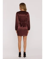 M888 Saténové mini šaty s nadýchanými rukávy - hnědé