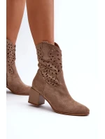 Dámské kotníkové boty s dírkovaným svrškem na bloku ASA217-7 Béžová - Jezzi Dámské kotníkové boty s dírkovaným svrškem na bloku ASA217-7 Béžová - Jezzi