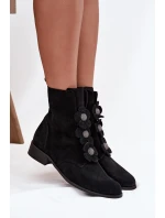 Semišové dámské kotníkové boty Zazoo 3085 černé s ozdobnými květinami