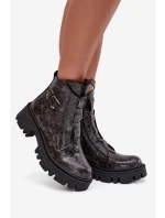 Kožené lakované dámské boty s ozdobou zateplené Artiker 57C2081 grafitové