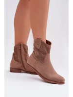 Dámské kotníkové boty na nízkém podpatku s krajkovým vzorem S.Barski HY61-8025 Hnědé