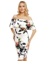 Společenské šaty květinové s volánem středně dlouhé bílé - Bílá - Beauty Fashion