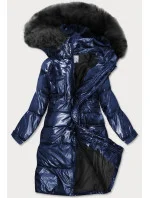 Tmavě modrá dámská zimní metalická bunda s kapucí (8295)