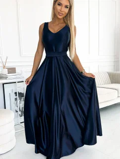 508-1 CINDY dlouhé saténové šaty s výstřihem a mašlí - ZELENÉ