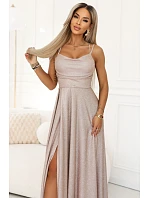 589-4 Dlouhé šaty s jemným třpytem a korzetovým zavazováním na zádech - béžovo-růžové s třpytkami