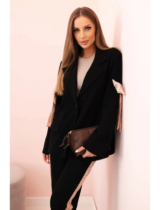Dámský komplet s viskózou – sako s klopami a kalhoty s lampasem černý