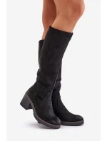 Zateplené kozačky na podpatku eko semišové nad koleno černé Leamirael