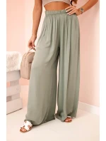 Široké dámské kalhoty z viskózy s elastickým pasem khaki Široké dámské kalhoty z viskózy s elastickým pasem khaki