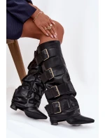 Dámské kozačky na podpatku s vyhrnutou holení a zlatými přezkami Isavelle – černé