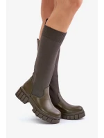 Kozačky s elastickým svrškem na plochém podpatku tmavě zelené Mesidra