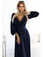 572-1 Třpytivé dlouhé šaty NELA s výstřihem a dlouhými rukávy - ZELENÉ 572-1 Třpytivé dlouhé šaty NELA s výstřihem a dlouhými rukávy - ZELENÉ