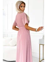 545-1 Dlouhé šaty se skládaným výstřihem a kosticemi - PUDRAL ROSE