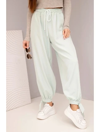 Dámské kalhoty se širokými nohavicemi a zavazováním dole tmavě mátové