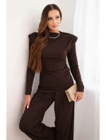 Dámský bavlněný komplet s halenkou a kalhotami s širokými nohavicemi hnědý