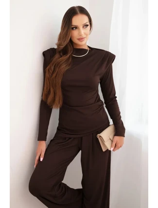 Dámský bavlněný komplet s halenkou a kalhotami s širokými nohavicemi hnědý