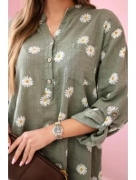 Lněná dámská halenka s květinovým vzorem, dlouhými rukávy a knoflíky khaki