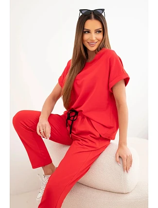 Bavlněný komplet halenka + kalhoty červený