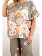 Dámský komplet Plus Size s halenkou a kalhotami s květinovým vzorem a širokými nohavicemi khaki