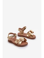 Dětské sandálky ozdobené květy s uzavíráním na suchý zip, zlaté Fagossa