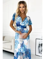489-2 CINZIA Šaty s výstřihem, dlouhým zavazováním v pase a krátkými rukávy - modré LARGE FLOWERS - síťovina