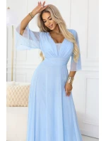 654-3 Dlouhé třpytivé plus size šaty s výstřihem a průhlednými rukávy - modré