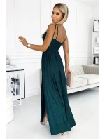 460-1 JOVITE brokátové dlouhé šaty bez ramínek s rozparkem na nohou - BOTTLE GREEN 460-1 JOVITE brokátové dlouhé šaty bez ramínek s rozparkem na nohou - BOTTLE GREEN