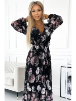 502-1 Plisované midi šaty s výstřihem, dlouhými rukávy a zavazováním v pase - ČERNÉ s růžovými květy