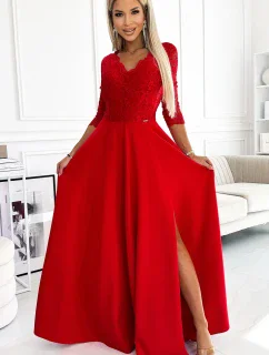 309-8 AMBER krajkové elegantní dlouhé šaty s výstřihem a rozparkem na nohou - ČERVENÉ