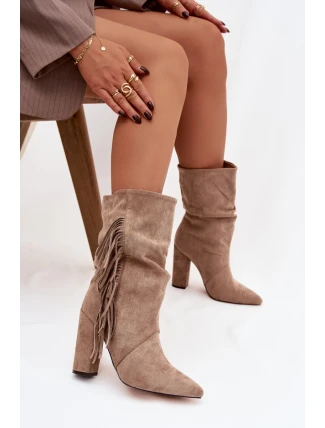 Dámské kotníkové boty na podpatku s třásněmi a stahováním vyhřívané béžové Darlina