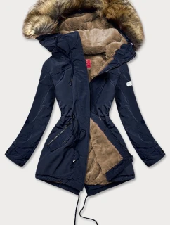 Tmavě modrá dámská bunda parka s kožešinovou podšívkou (m-21207)
