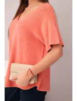 Dámská svetr s krátkým rukávem a výstřihem do V meruňková