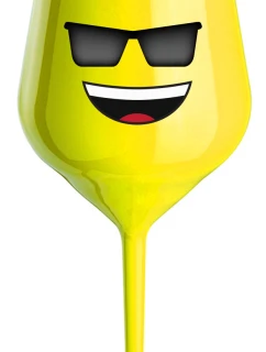 SMAJLÍK SE SLUNEČNÍMI BRÝLEMI - žlutá nerozbitná sklenice na víno 470 ml