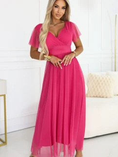 562-9 NASTIA Dlouhé šaty s výstřihem, kosticemi a krátkými rukávy - malinový sorbet