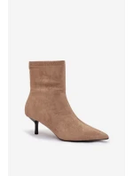 Zateplené dámské kotníkové boty na jehlovém podpatku eko semiš béžové Belisse