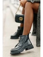 Kožené Kotníkové Boty Na Plochém Podpatku S Dekorací Zateplené Černé Asperra