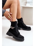 Zateplené kotníkové boty s ozdobou Černé S.Barski HY42-281