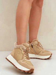 Kožené Sneakersy Trapery Dámské S Kožíškem Na Platformě Big Star OO274A330 Béžové