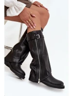 Dámské kozačky s obráceným límcem sponou a stříbrným zipem vyhřívané černé Bressa