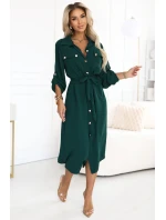 531-7 Midi košilka se zlatými knoflíky a vázáním - zelená