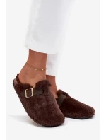 Kožešinové dámské pantofle na platformě s páskem a sponou hnědé Noraline