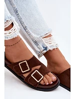 Dámské pantofle z imitace semiše s zlatými přezkami čokoládové Selissea