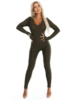 619-2 Pohodlný a elegantní dámský žebrovaný overal s výstřihem - khaki barva 619-2 Pohodlný a elegantní dámský žebrovaný overal s výstřihem - khaki barva