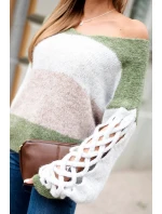 Dámský svetr pruhovaný s copánky na rukávech z vlny khaki + šedý