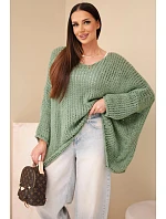 Dámský oversized průsvitný svetr s výstřihem do V a delším zadním dílem khaki