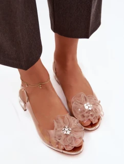 Průhledné sandály na nízkém podpatku s krystaly a ozdobou D&A MR52-230 růžové zlato