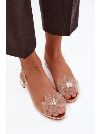 Průhledné sandály na nízkém podpatku s krystaly a ozdobou D&A MR52-230 růžové zlato