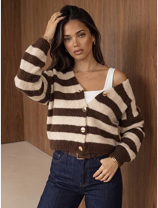 Dámský oversize kardigan s pruhy v čokoládově-béžové barvě FashionStreet MY2611