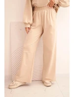 Dámský bavlněný komplet se širokými nohavicemi a mikinou s dlouhým rukávem béžový