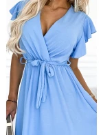 455-2 Šaty CORNELIA s volánem, výstřihem a zavazováním - MODRÉ