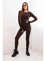 Dámský komplet z žebrované viskózy s dlouhým rukávem a legínami hnědý